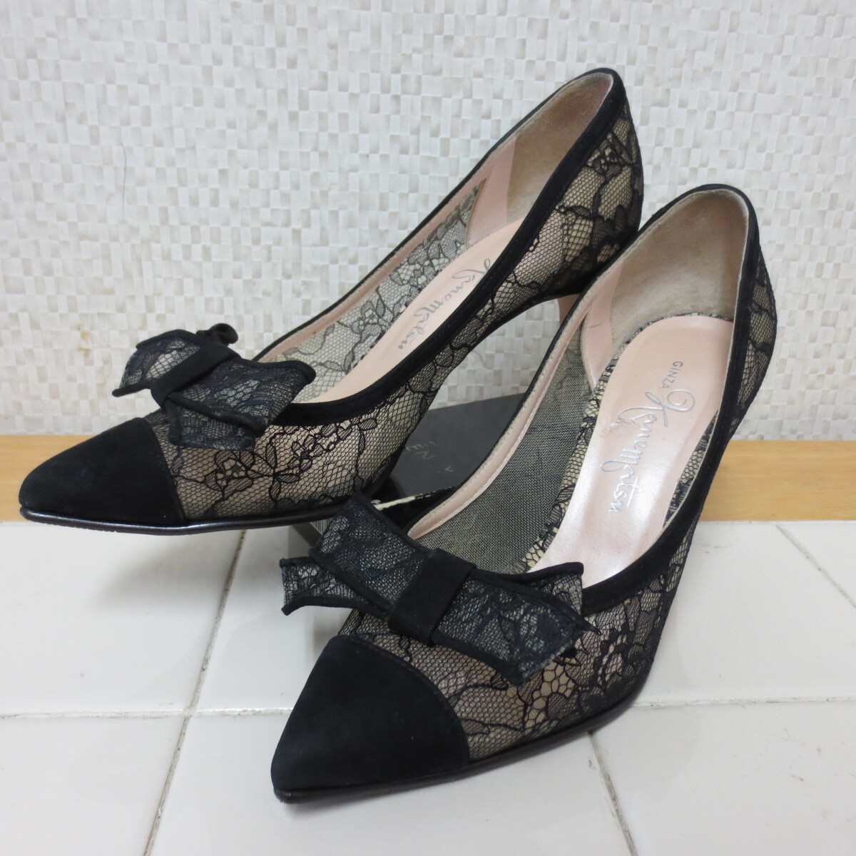レディース パンプス 銀座かねまつ リボン 花柄レース ブラック 22㎝ GINZA Kanematsu レターパック600円 I8/29拍卖