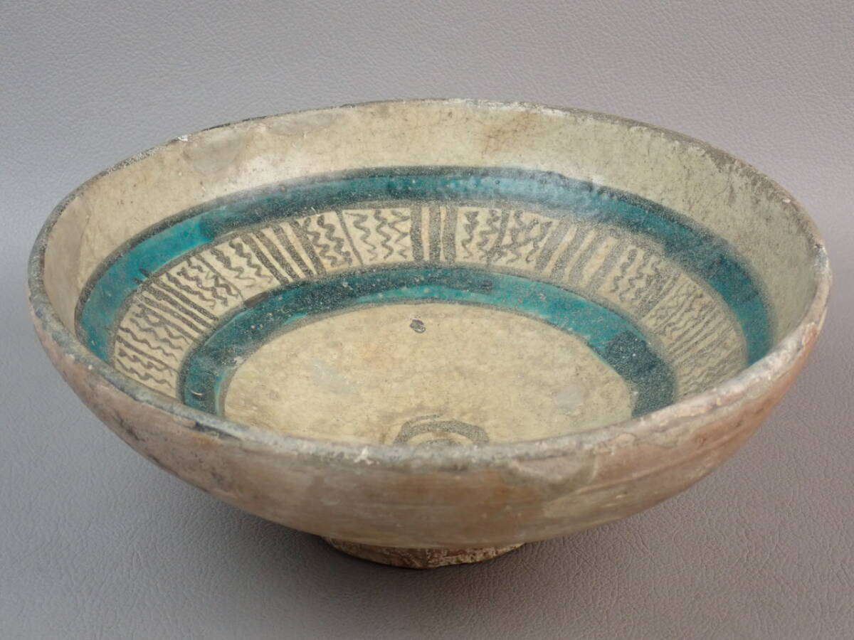 【骨董・茶道具】★古い イスラム陶器 古代ペルシャ★★青黄釉輪線文鉢 gm081m44 ラスター彩 発掘品 出土品拍卖