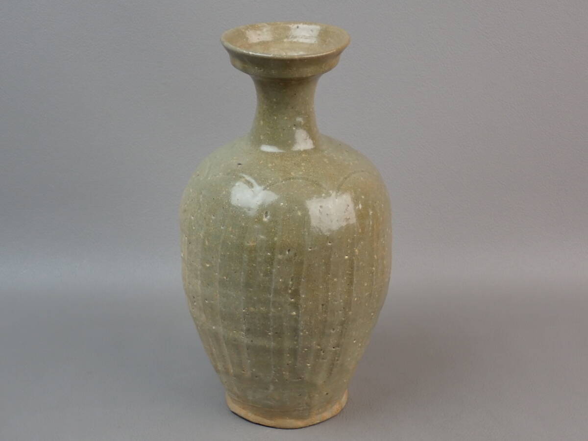 【骨董・茶道具】★李朝 高麗★★青磁鎬文盤口瓶 gm028wb41 高麗青磁 花道 華道 朝鮮美術拍卖