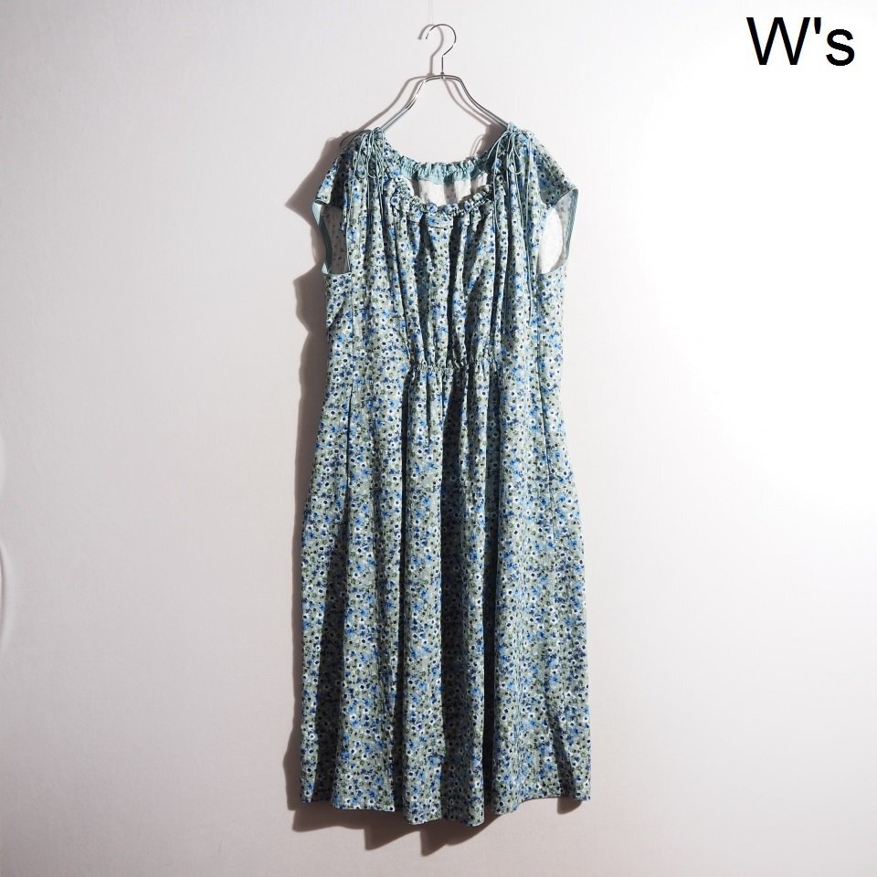 C4583P ▼Drawer ドゥロワー▼ 24SS フラワープリント コットン シルク リボン ギャザー ワンピース ブルーグレー 36 ドレス 春夏 rb拍卖