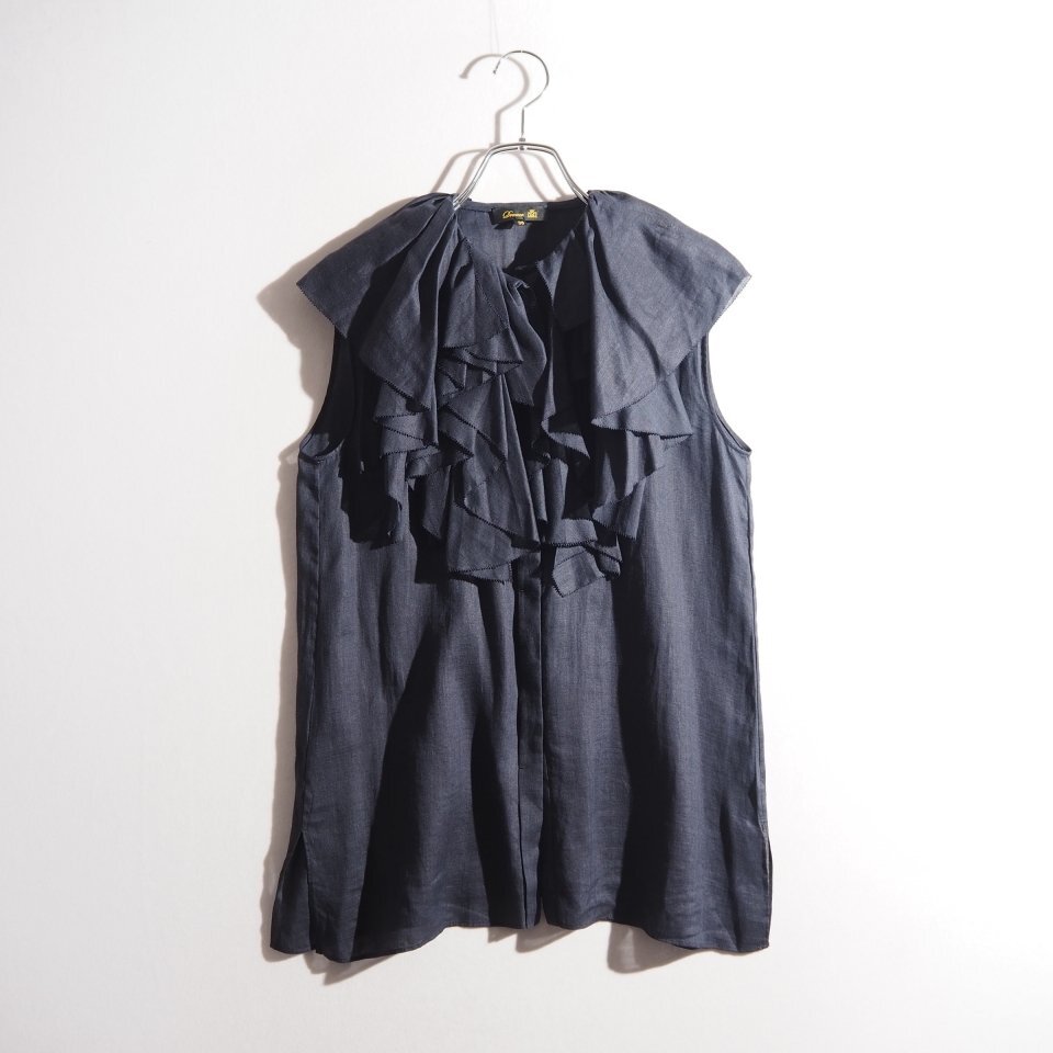 P1655P ●Drawer ドゥロワー● 23SS ローンラッフル ノースリーブブラウス ネイビー / 6521-299-1090 リネン フリル シャツ 紺 春夏 rb mks拍卖