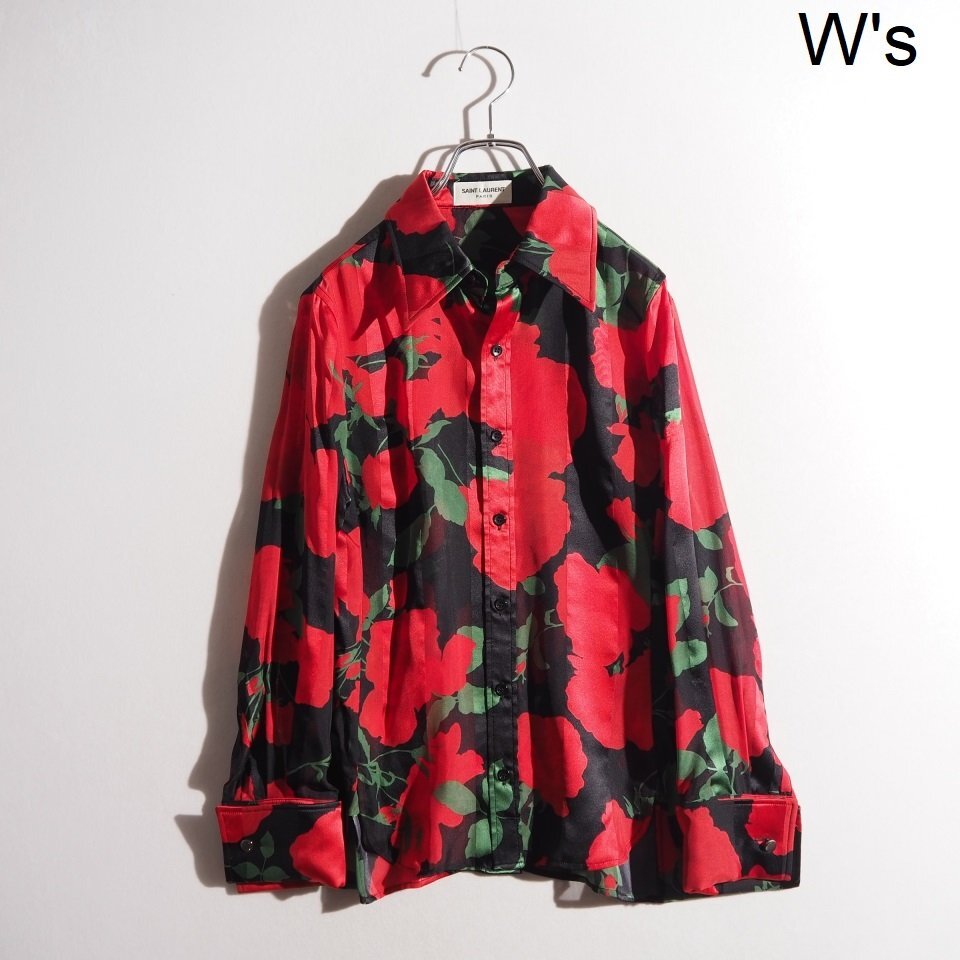 R1621P ▼SAINT LAURENT PARIS サンローランパリ▼ 22SS ローズ プリント シルク ブラウス レッド 34 / 薔薇 フラワー シャツ 春夏 rb mks拍卖
