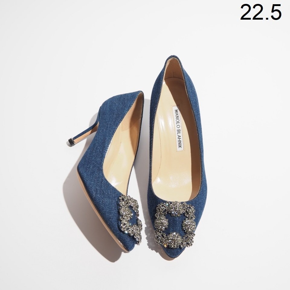 R0755P ●MANOLO BLAHNIK マノロブラニク● HANGISI ハンギシ 70 ビジュー デニム パンプス ブルー 35.5/22.5cm ハイヒール rb mks拍卖