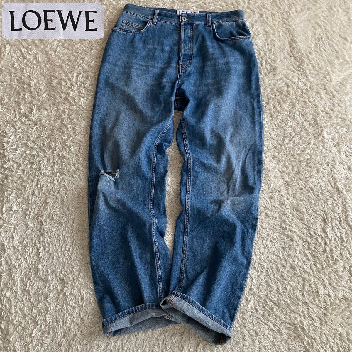 美品/22SS/EU50 LOEWE ロエベ ウォッシュドデニム ハイウエスト ワイドレッグジーンズ ダメージ加工 USED加工 ユーズド イタリア製拍卖