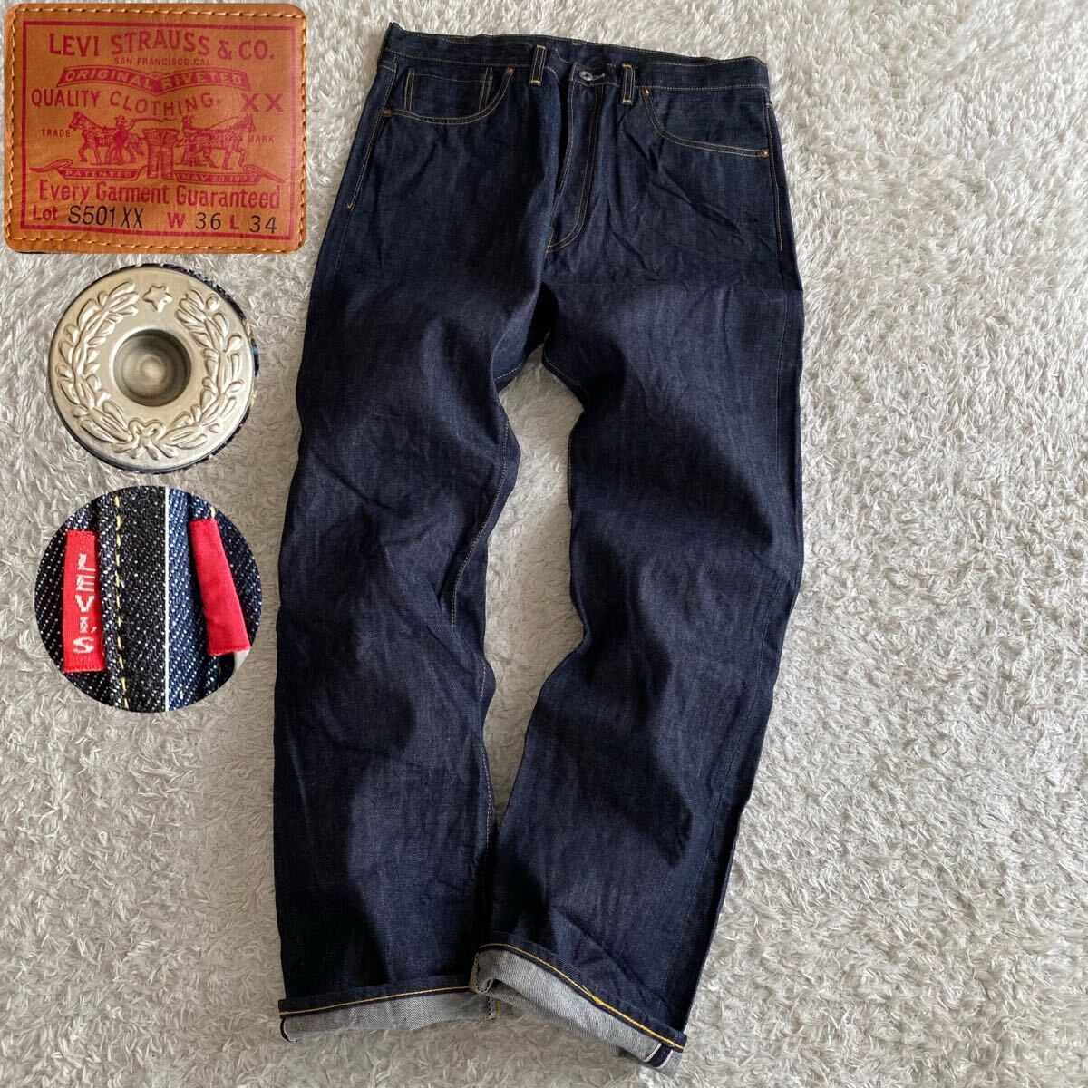 未使用級/W36 リーバイスLVC S501XX 44501-0072 大戦モデル WWII 片面bigE ビッグE 赤耳セルビッジ セルビッチ 月桂樹ドーナツボタン拍卖