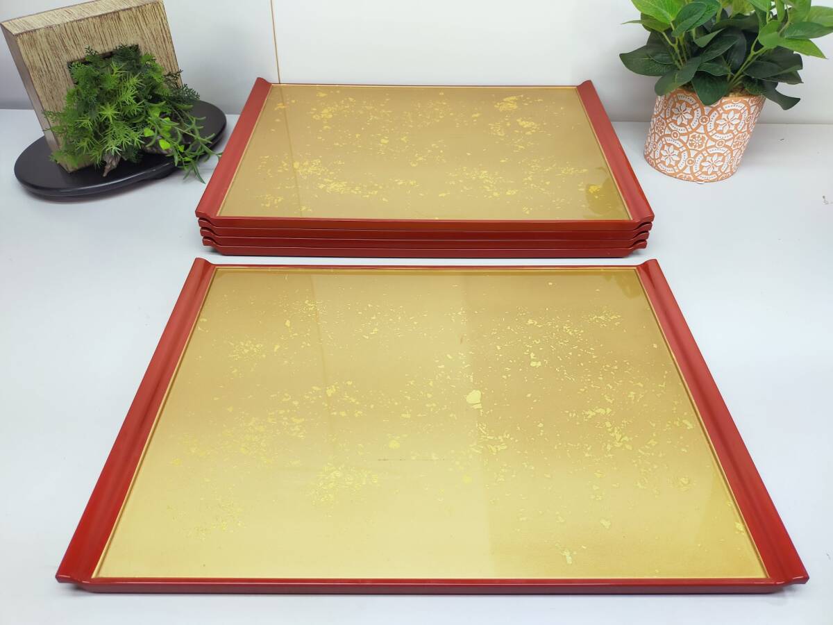 業務用 長手盆 5枚セット トレー 幅52x奥行37x高2.3cm 色紙金箔渕朱 A9408B12拍卖