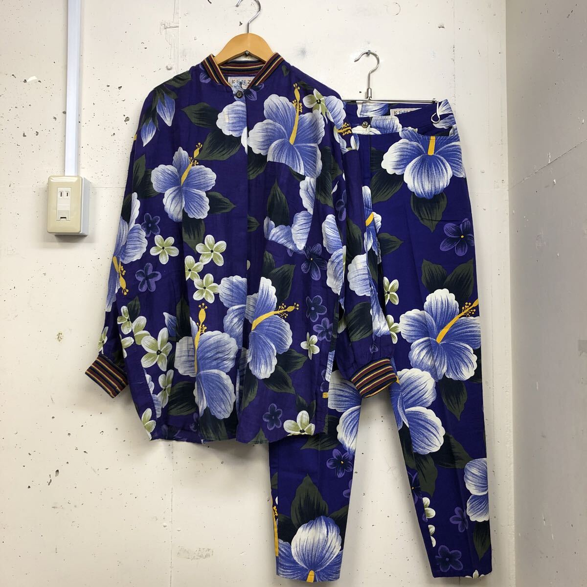 KENZO ケンゾー フランス製 リネン コットン 長袖シャツ パンツ 上下 セットアップ サイズL 40 紫 パープル 花柄 総柄 拍卖