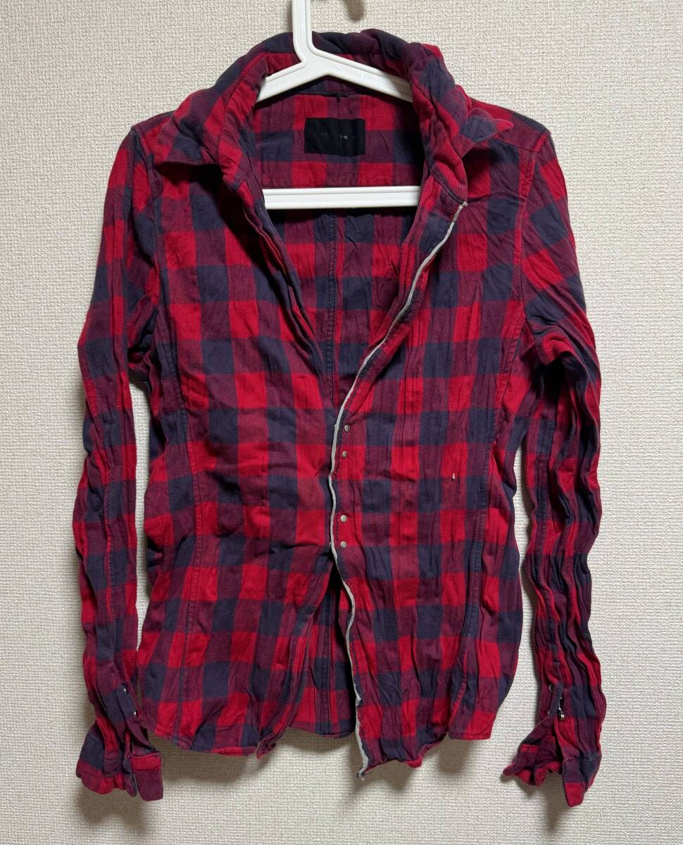 美品 junhashimoto ジュンハシモト WRINKE HOOK SHIRTS サイズ3 チェック シワ加工 フックシャツ 皺加工 赤拍卖