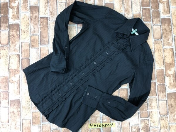 BUONA GIORNATA ボナジョルナータ レディース フリル付き 長袖カラーシャツ L ストレッチあり 薄手 黒 コットン他拍卖