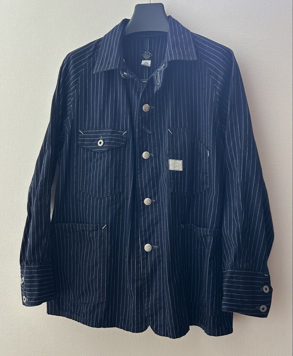 定価約5万円 未使用 post overalls カバーオール ストライプ インディゴ デニム ポストオーバーオールズ サイズ L ギャングスター拍卖