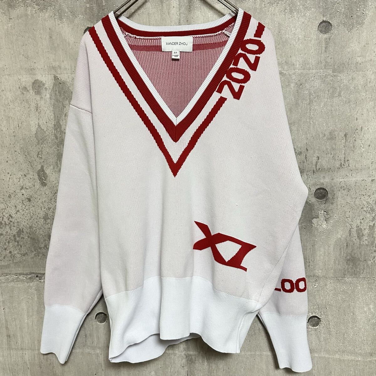 【レア】2020ss Xander Zhou アメリカントレーナー ニット メンズ 赤 ホワイト レッド ザンダーゾウ ニット セーター 長袖 ライン リブ拍卖