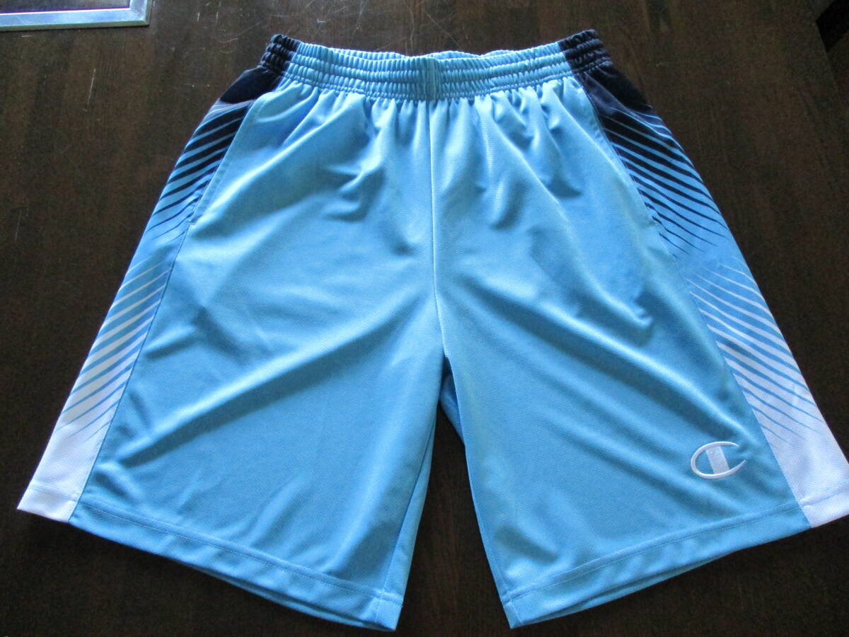 送料430円チャンピオン機能素材バスケットボールハーフパンツ水色サイズXL拍卖