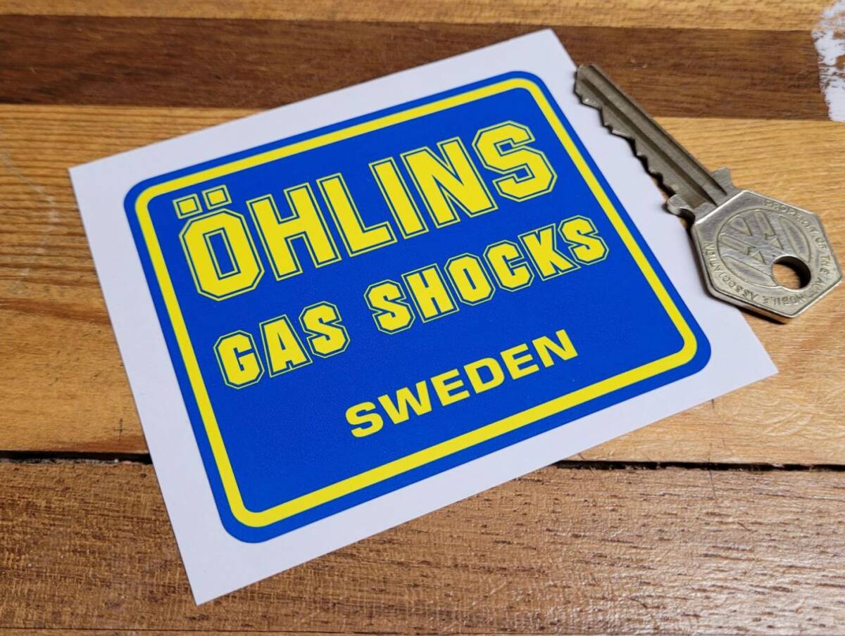 送料無料 Ohlins Gas Shocks オーリンズ ステッカー ブルー&イエロー 84mm x 70mm拍卖