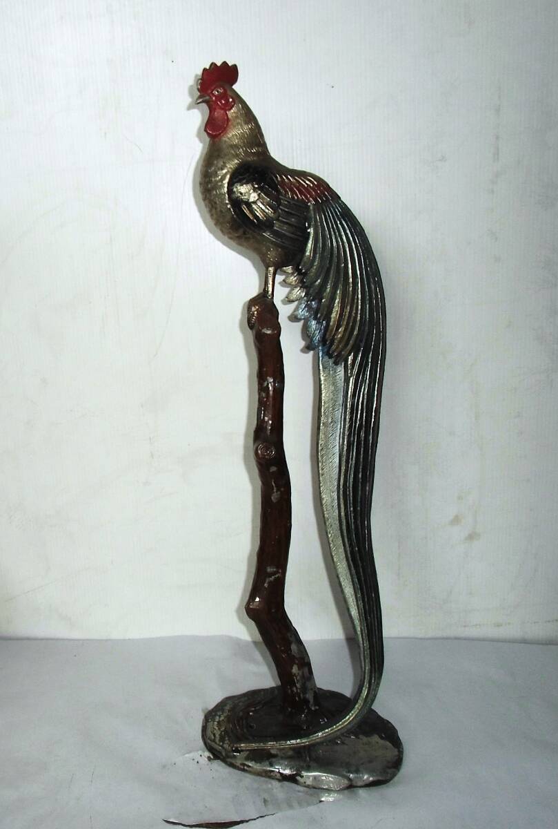 ★ こ-964 尾長鶏 唐金 時代物 オブジェ 置物 箱無 現状品 大きさ/約寸 高さ66cm 幅15cm 台座)縦20cm 横21cm 重さ4.7kg 拍卖