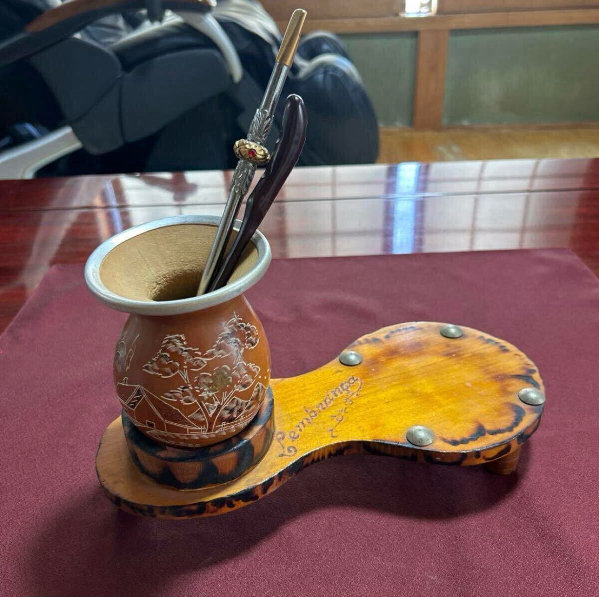 ボンビージャ マテ茶用ストロー マテ壺 壺台 古道具 アンティーク ヴィンテージ 年代物 インテリア ディスプレイ コレクション拍卖