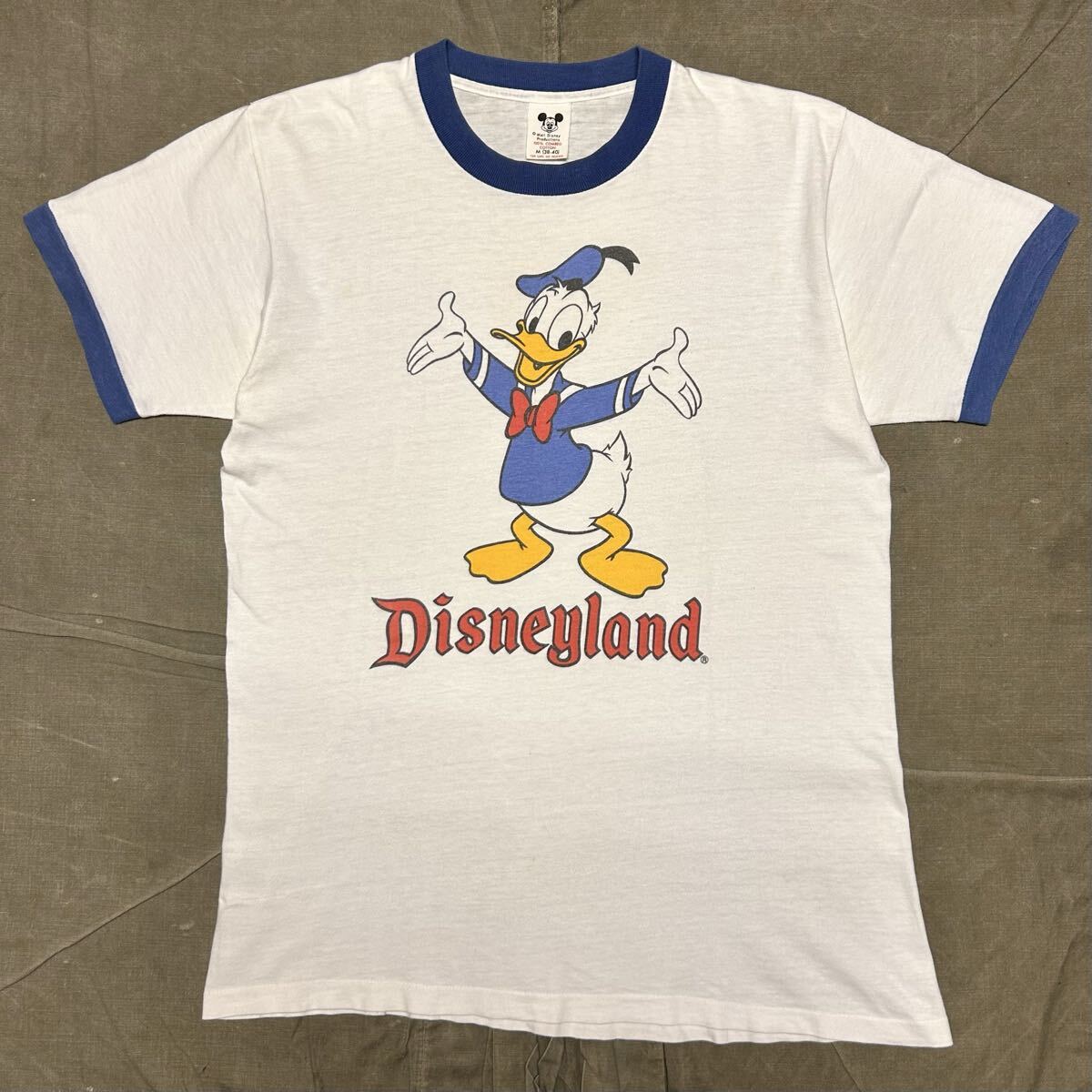 希少 70s 80s ヴィンテージ ドナルドダック リンガーTシャツ USA製 白 青 染み込みプリント Disneyland ディズニー アメリカ古着 拍卖