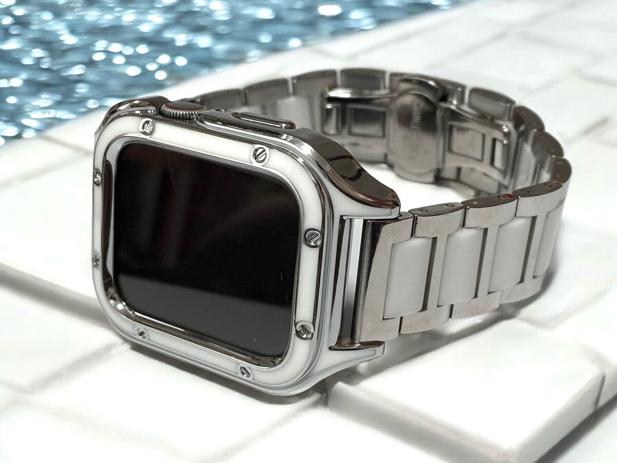 アップルウォッチ 40 41 44 45 ステンレス&セラミックベルト Apple Watchカバー ケース 画面保護付きカバー ホワイトシルバー拍卖