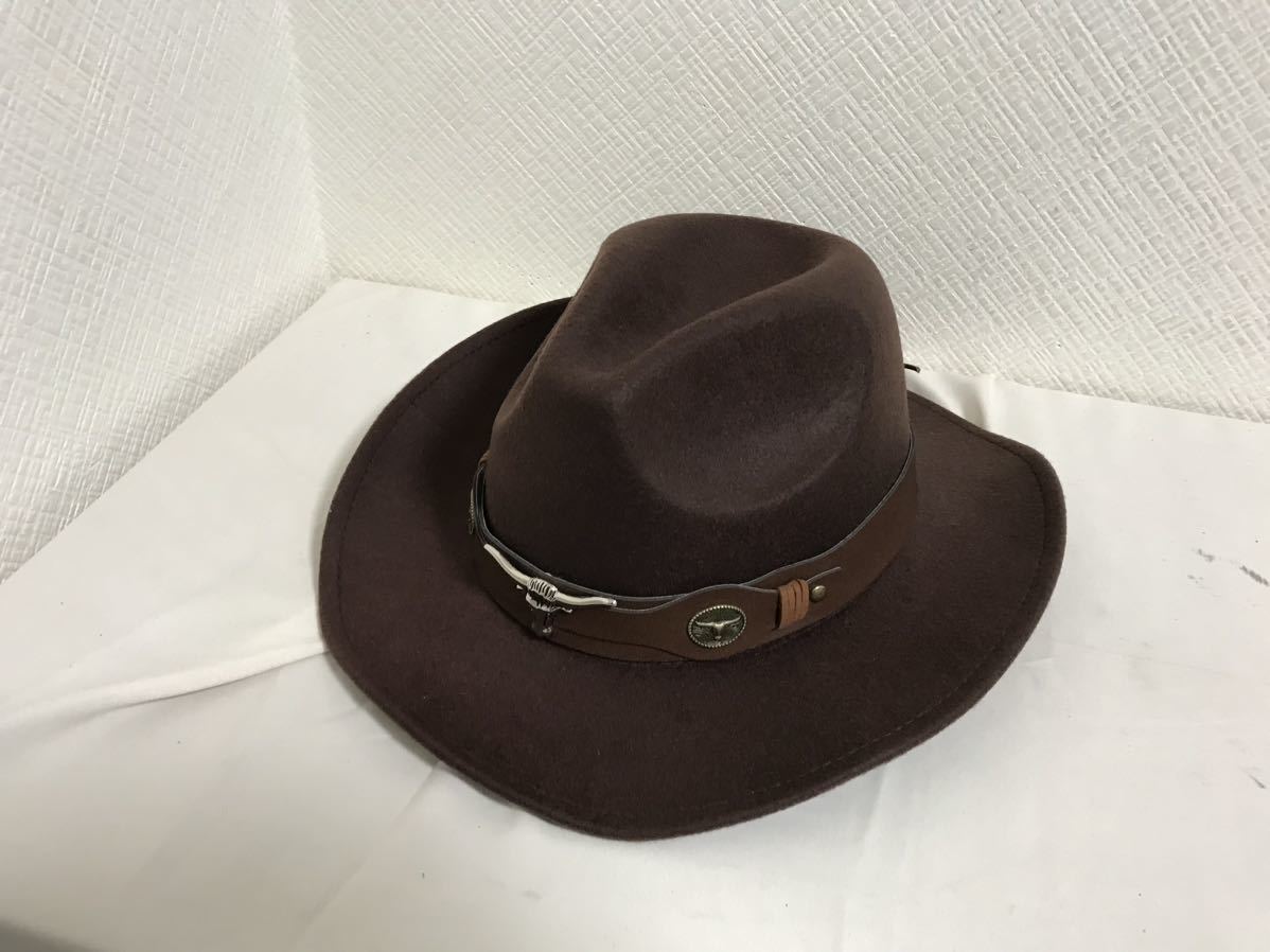 新品未使用本物セレブレザーウールカウボーイウエスタンハット中折れフェルトテンガロン帽子旅行トラベルメンズミリタリー61cm茶ブラウン拍卖