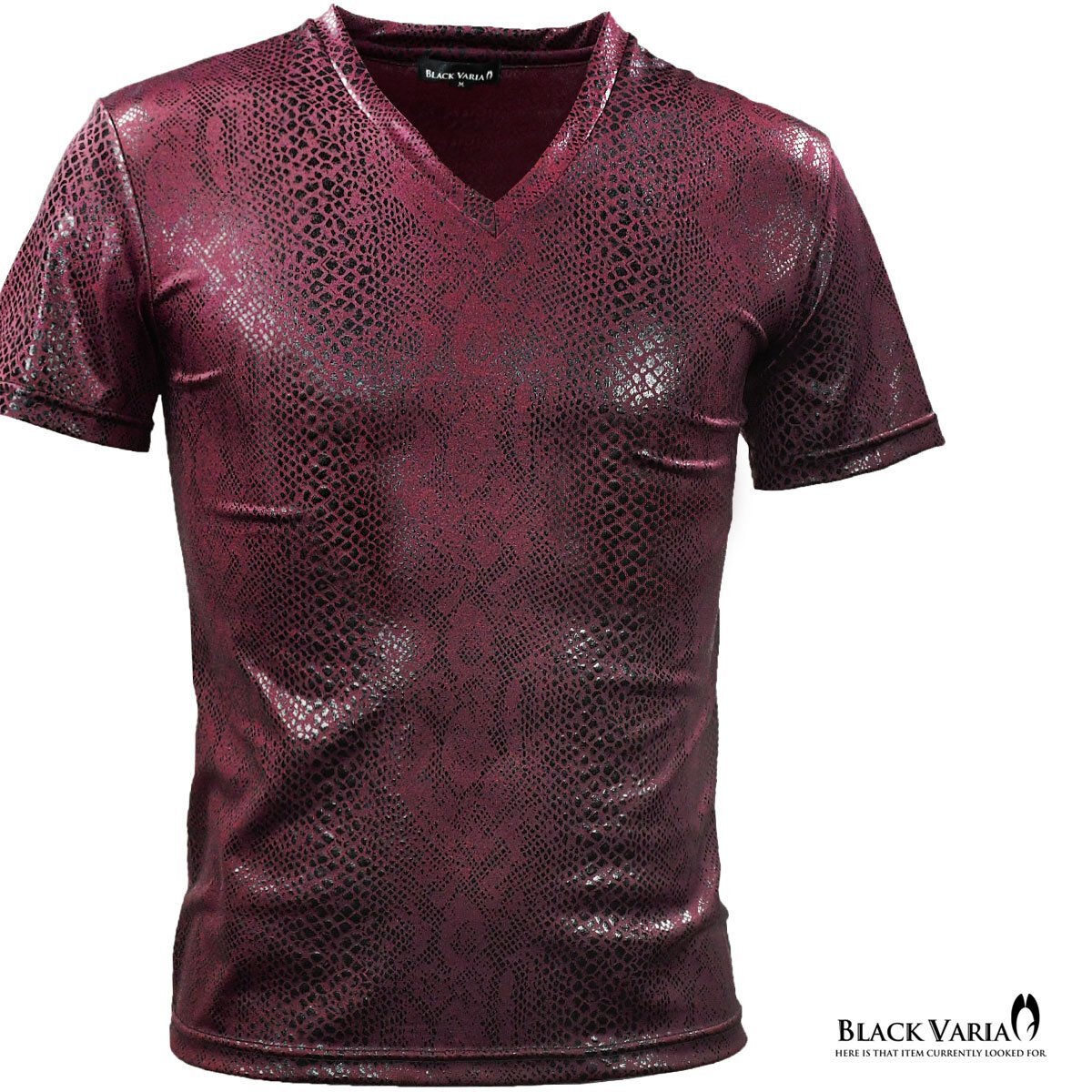 183703-wn BLACK VARIA Tシャツ 半袖 Vネック パイソン柄 ヘビ柄 スリム 細身 ストレッチ メンズ(ワインレッド赤) L 派手 衣装 メール便可拍卖