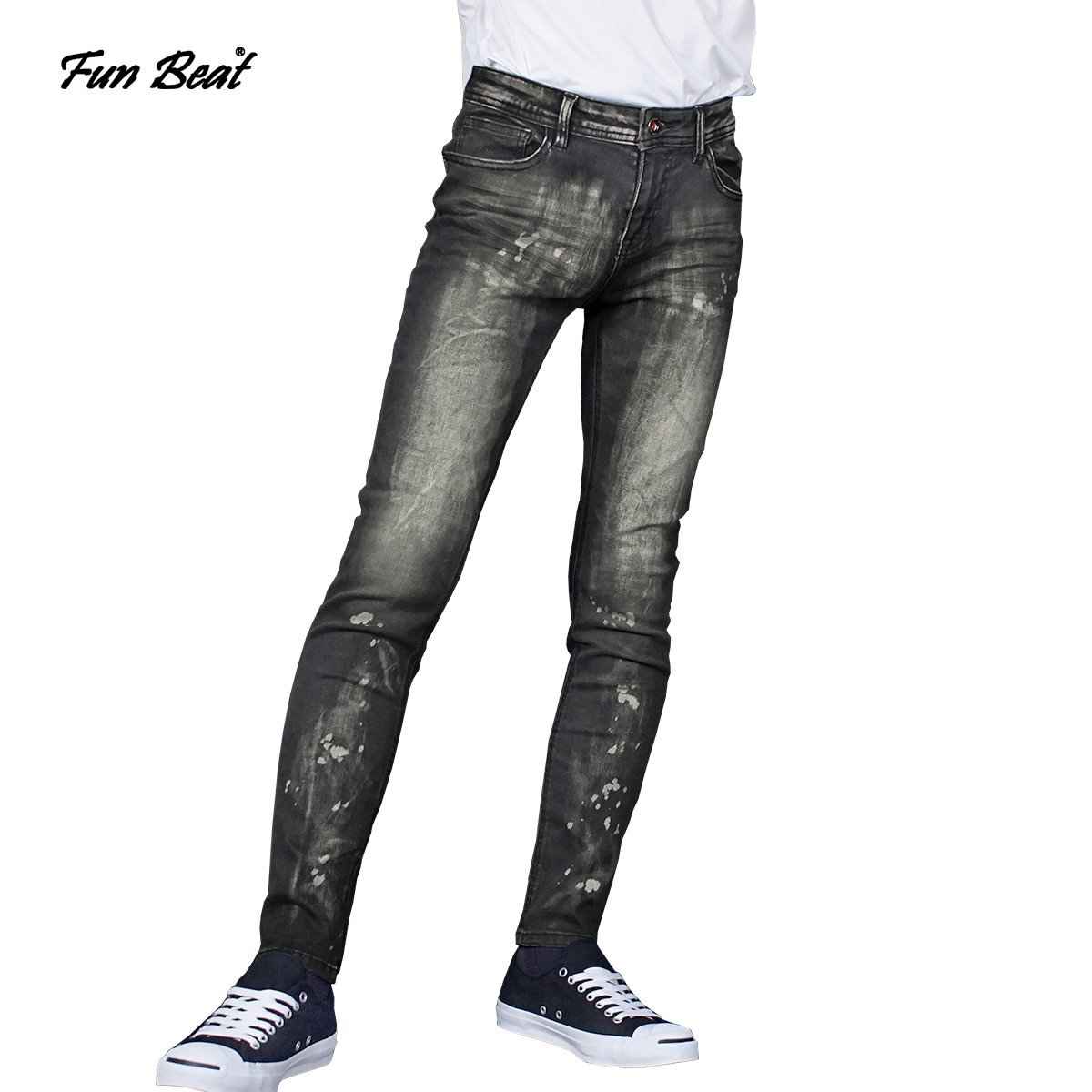 933306-09 V-men スキニーパンツ ブリーチ ユーズド加工 細身 デニム ジーンズ メンズ(ブラック黒) M ヴィンテージ加工 スリム FUN BEAT拍卖