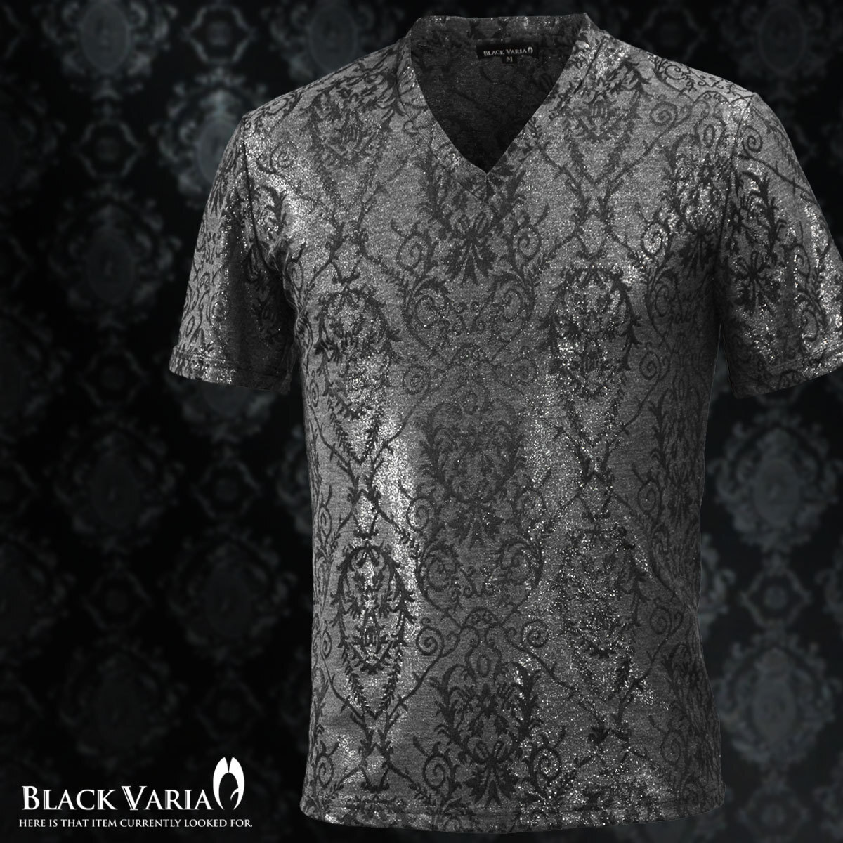 9#181304-sigy BLACK VARIA アラベスク柄 ラメ ジャガード織柄 光沢 半袖VネックTシャツ メンズ(シルバー銀グレー灰) M 日本製 モード 派手拍卖