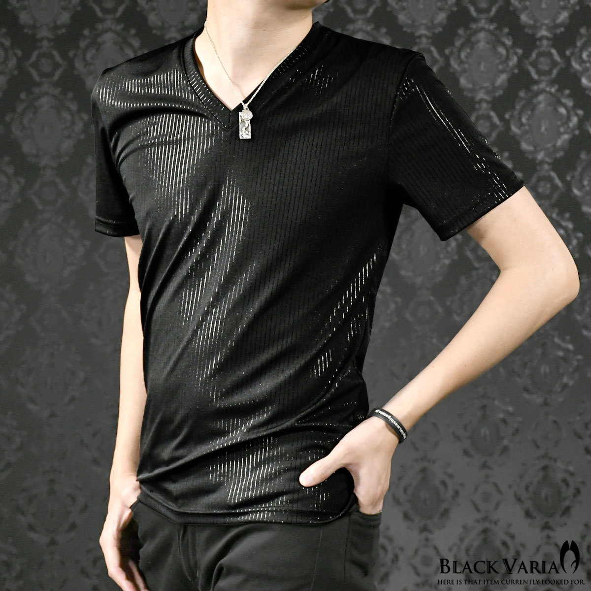 9#193213-bkbk BLACK VARIA ピンストライプ ラメ ストレッチ 半袖 Vネック Tシャツ メンズ(ブラック・ライン黒) L インナー ダンス 舞台拍卖