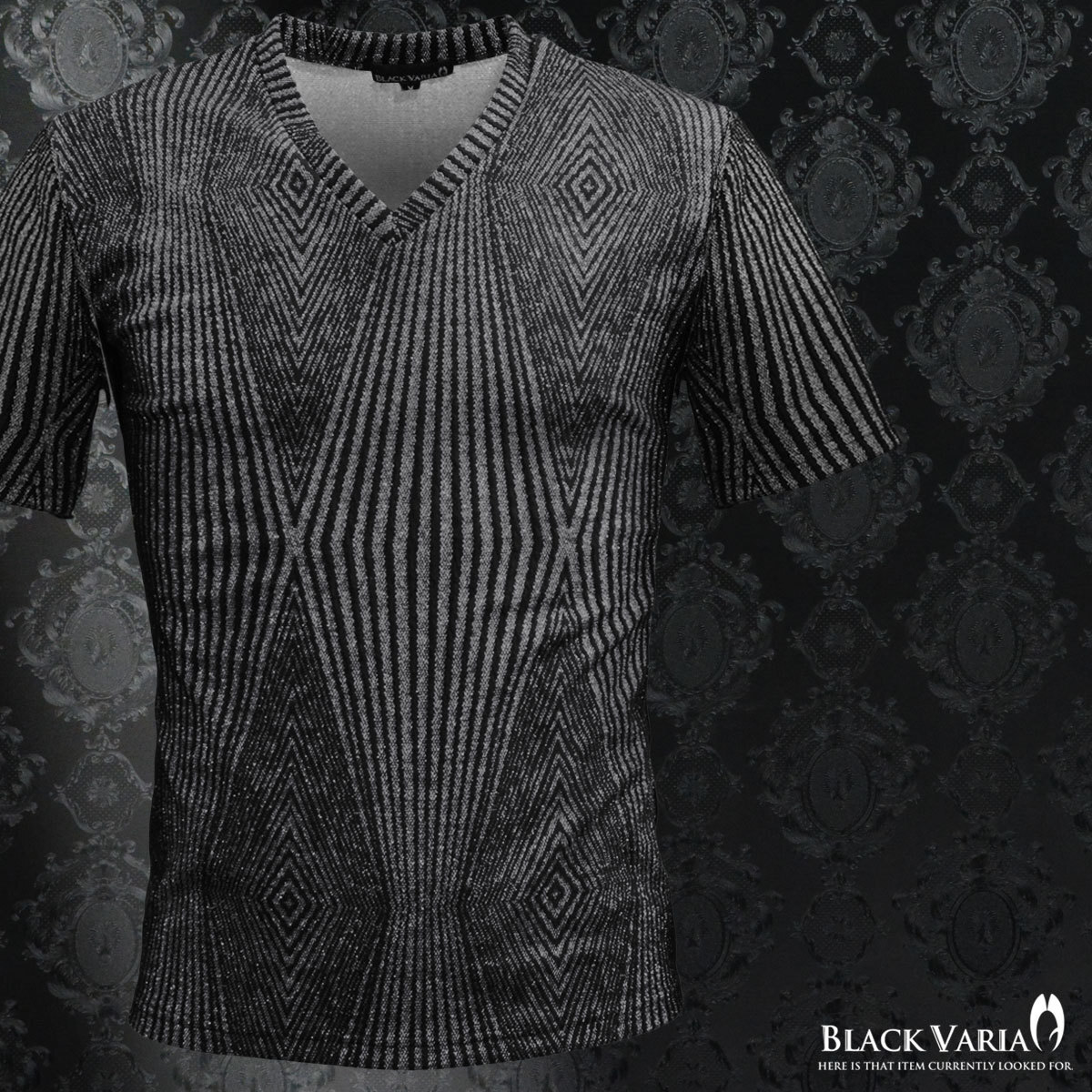 9#163912-gy BLACK VARIA シャイニー ラメ ダイヤ織柄 ニット 光沢 半袖 Vネック カットソー メンズ(グレー灰ブラック黒) M ライブ 舞台拍卖