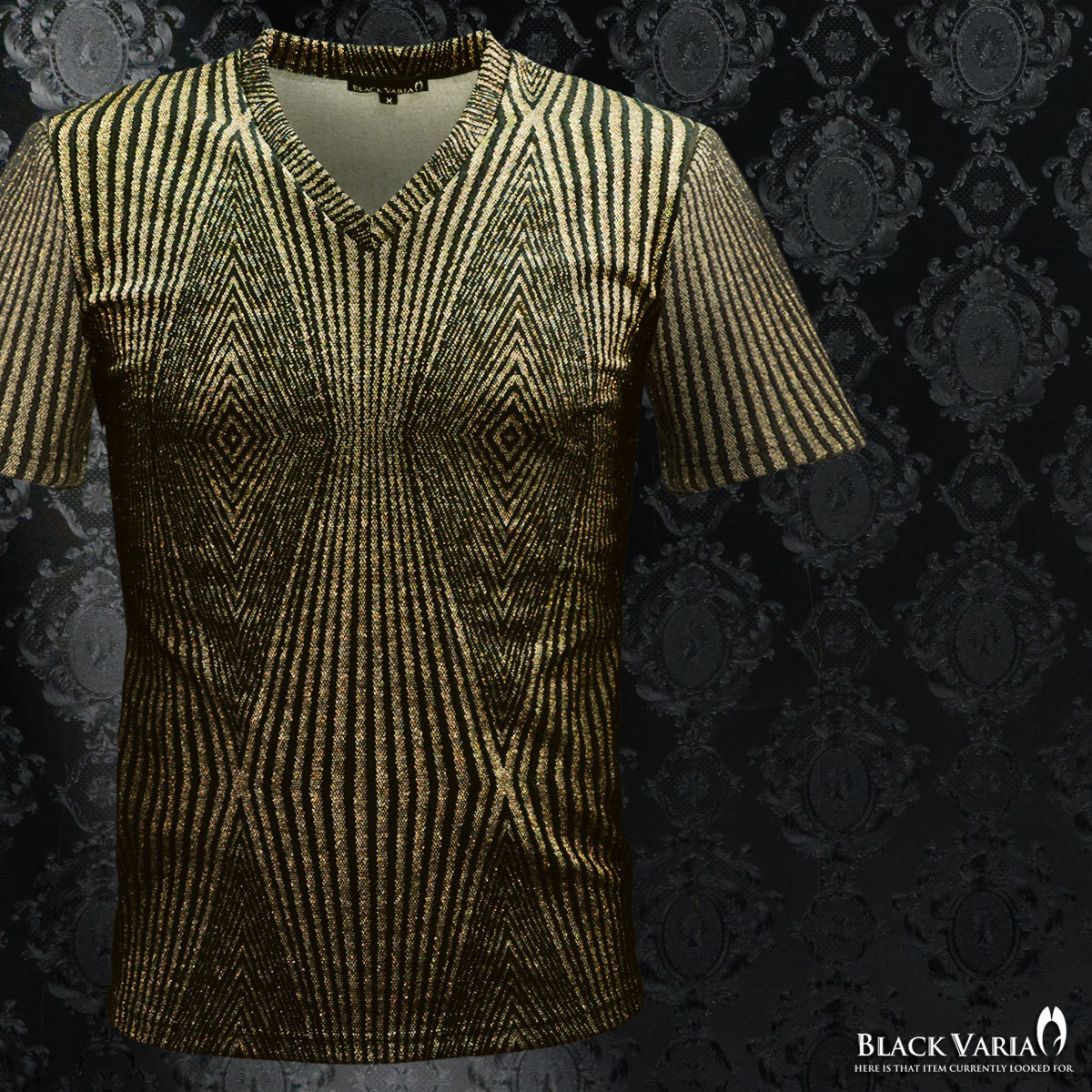 9#163912-go ブラックバリア 幾何学 ラメ ダイヤ柄 ニット 光沢 ジオメトリック柄 半袖VネックTシャツ メンズ(ゴールド金×黒) L ロック拍卖