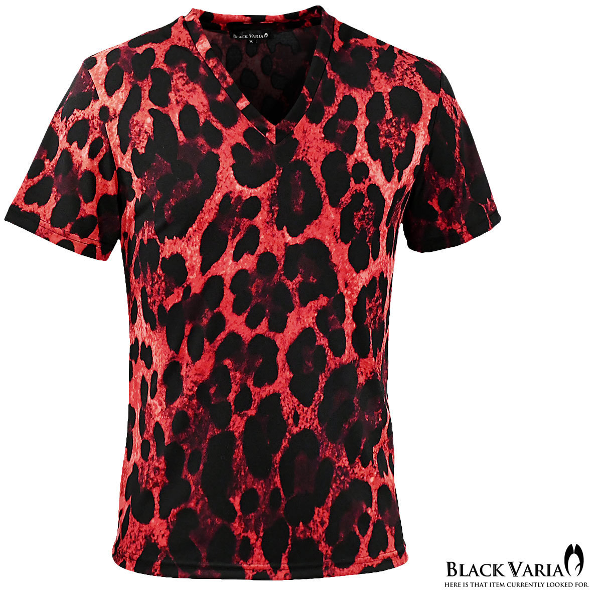 183704-re BlackVaria Tシャツ Vネック ヒョウ柄 豹 レオパード ストレッチ 半袖 mens メンズ(レッド赤ブラック黒) 3L 総柄 細身拍卖