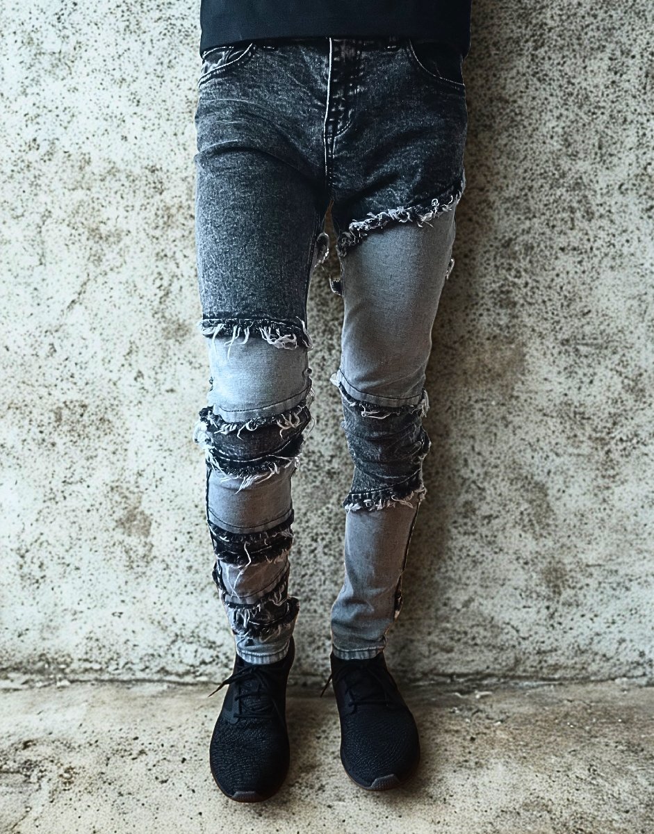 943330-20 FUN BEAT スキニーパンツ デニム パッチワーク フリンジ切替 ブリーチ 細身 ヴィンテージ メンズ(ブルー青) M ジーンズ拍卖