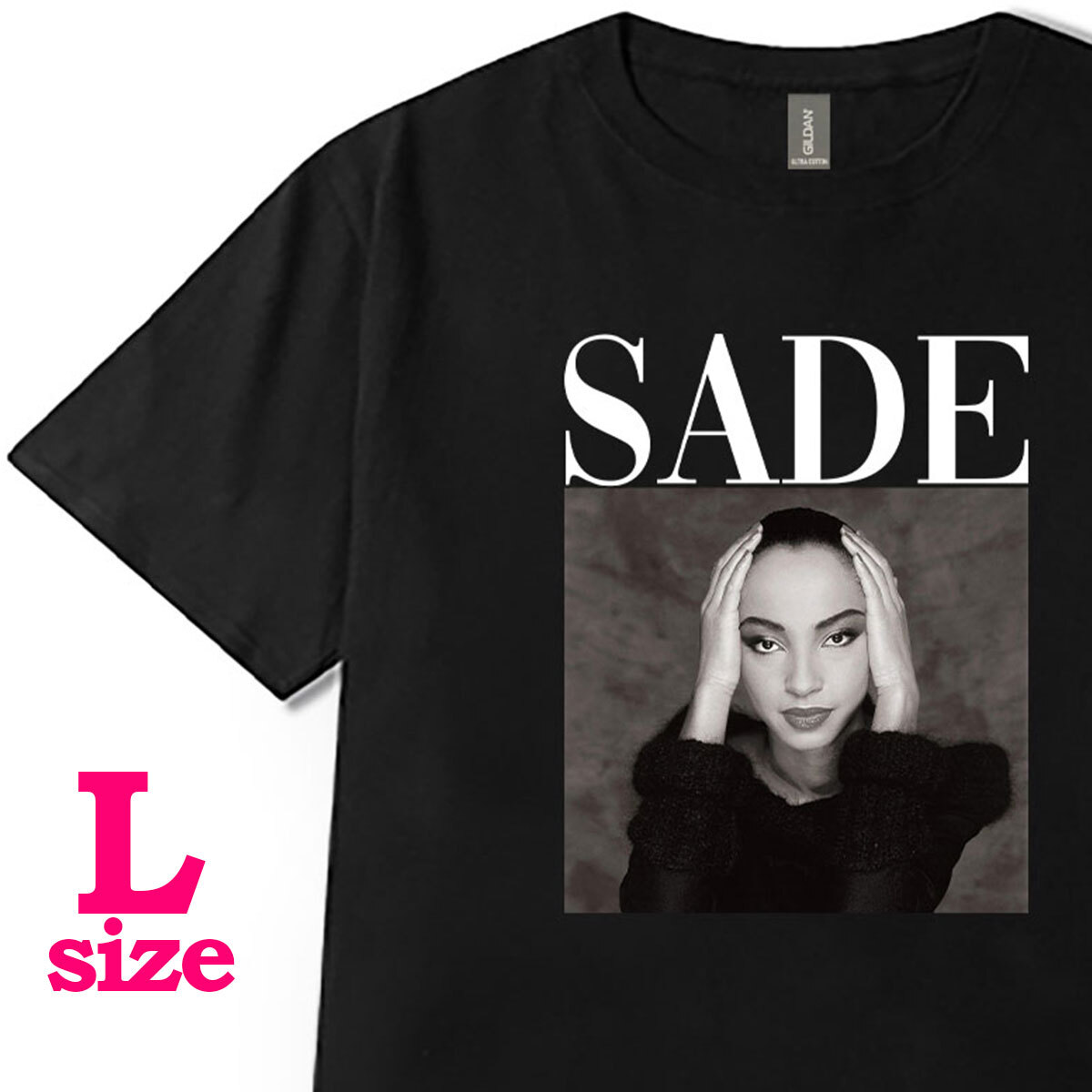 SADE シャーデー モノクロ フォトプリント Tシャツ ロゴデザイン キレイめ カジュアル 半袖 6.0oz コットン100% ユニセックス ブラック L拍卖