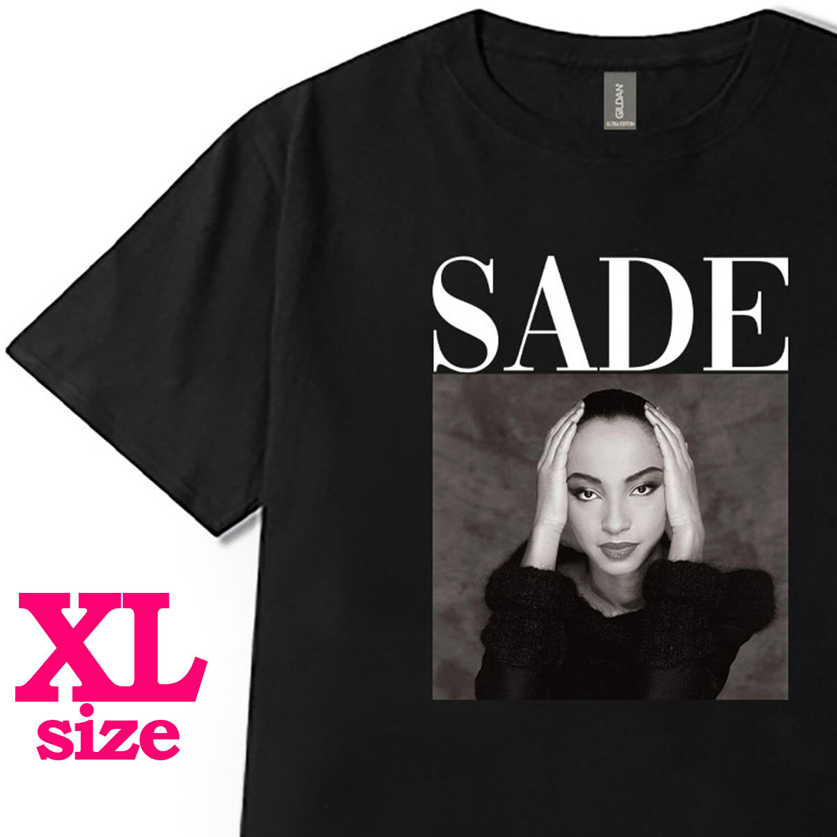 SADE シャーデー モノクロ フォトプリント Tシャツ ロゴデザイン キレイめ カジュアル 半袖 6.0oz コットン100% ユニセックス ブラック XL拍卖