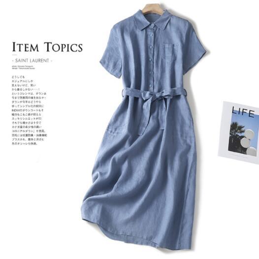 新入荷新品お色選択可ワンピース 紐付きで2way楽しめる ゆったり Aライン リネン RINEN 麻100% サラサラ 通気性肌触り抜群 水色系拍卖