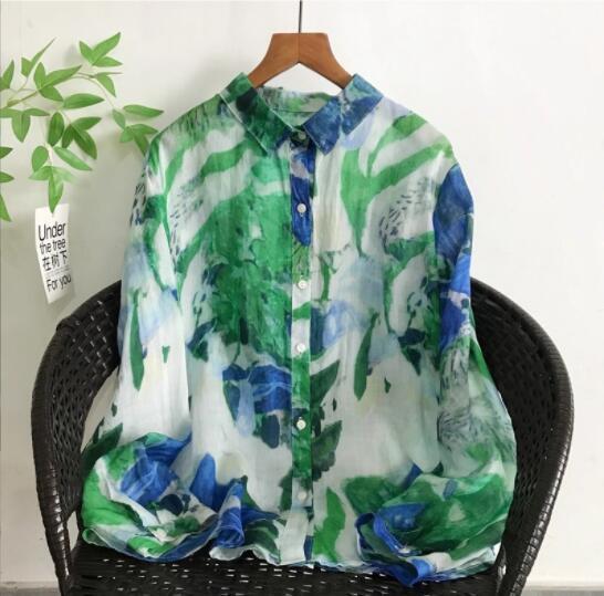 新入荷チュニック トップス 長袖 ゆったり 麻100% フリーサイズ ナチュラル 通気性肌触り抜群 紫外線防止 プリント花柄拍卖