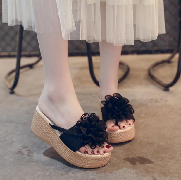 新入荷人気推薦夏の新作花布防水台厚底スリッパを履きますお色選択可拍卖