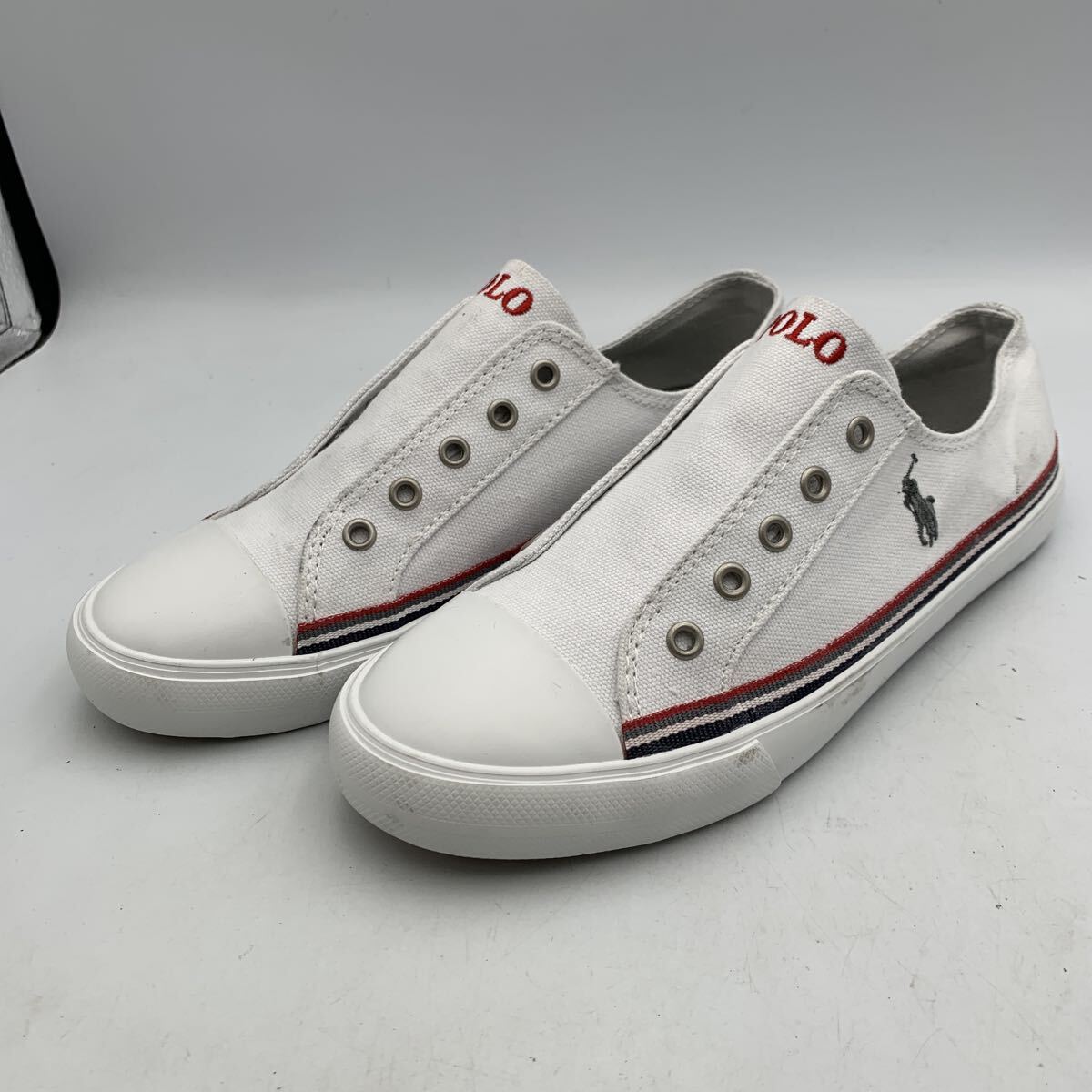 T419 POLO Ralph Lauren ポロラルフローレン 男女兼用 スリッポン スニーカー 24cm ホワイト レッド グレー キャンバス拍卖
