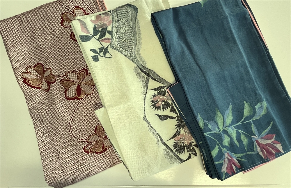 花とら●リサイクル着物 お召し 3枚まとめて リメイク 素材 細工用 灰青 薔薇 匹田風 薊 250815拍卖