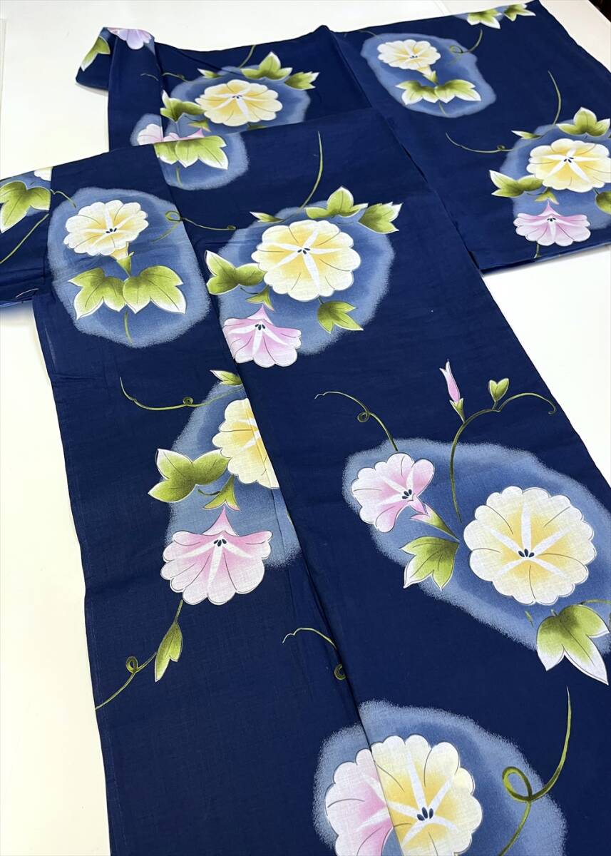 花とら●リサイクル 浴衣 紺 コーマ地 朝顔 プリント リメイク 素材 綿 250812拍卖