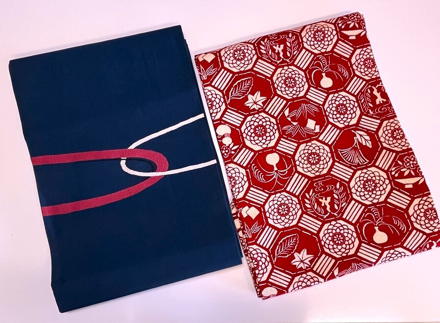 花とら●リサイクル帯 名古屋帯 2本まとめて 紺 赤茶 型染 使用可能 リメイク 素材 250808拍卖