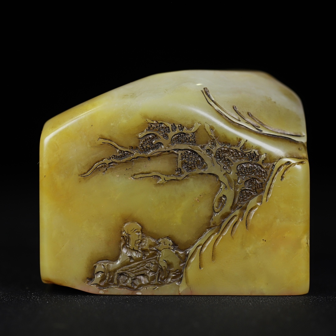 *珍品旧蔵* 【清代篆刻家 丁敬 号:鈍丁】寿山石 旧工 山水人物 薄意印鑑 天然石 手彫 篆刻 古印材 極細工 中国古玩 骨董品 古美味 H48拍卖