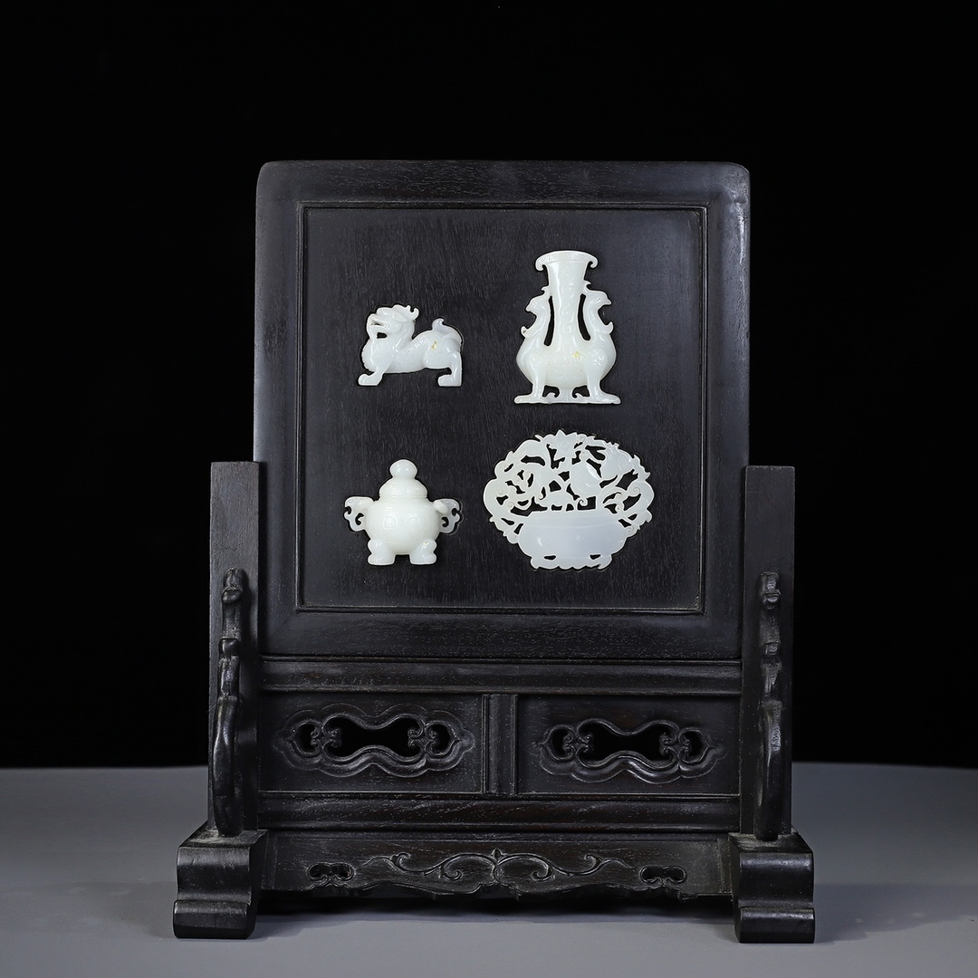*珍品旧蔵* 清 黑檀木 はめ込む玉 屏風 置物 極細工 中国古玩 骨董品 古美味 H48拍卖