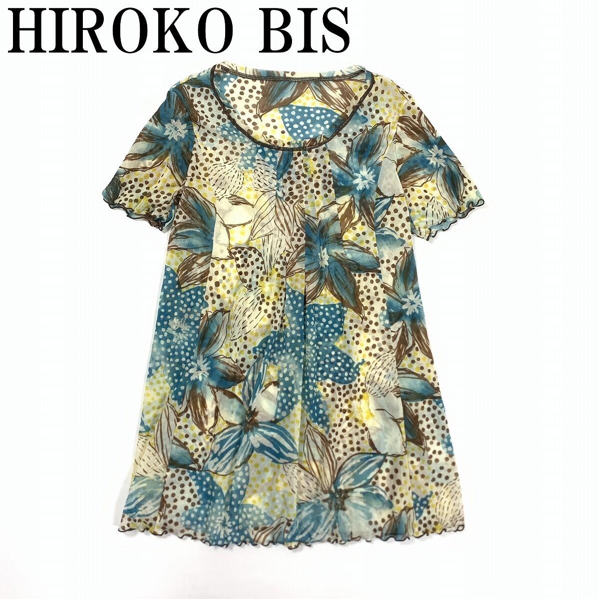 HIROKO BIS ヒロコビス ヒロココシノ 総柄 半袖シアー チュニック ポリエステル100% ベージュ×ブルー 9 YC941拍卖