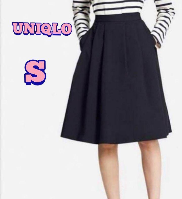 【UNIQLO】ハイウエスト ドライストレッチ 膝丈 タックスカート ネイビーS拍卖