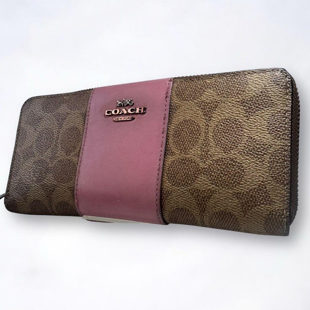良品 75 COACH コーチ PVCレザー シグネチャー 長財布 ロングウォレット レディース 財布 ラウンドジップ ブラウン ピンク拍卖