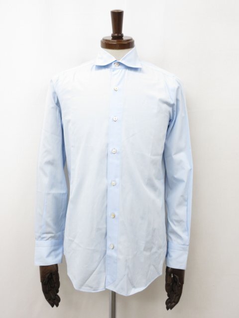 HH【フィナモレ Finamore】 コットン100% ワイドカラー 長袖シャツ (メンズ) size15/38 薄めのライトブルー系 イタリア製 ◇33MK5900◇拍卖