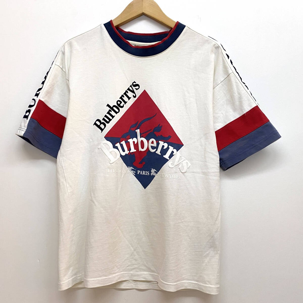 tu134 【最終出品】 BURBERRY バーバリー フットボールトリム Tシャツ 半袖 トリコロールカラー M メンズ ※中古/ヨゴレ多数拍卖