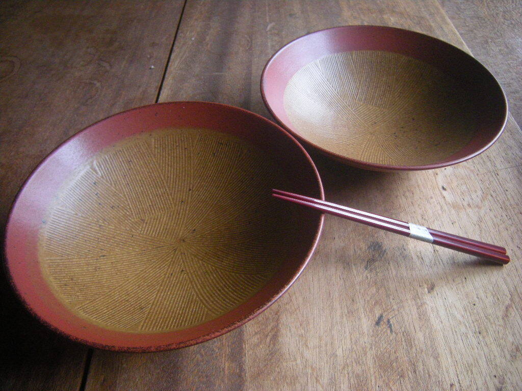 筑◎美濃焼【新品・未使用】錆朱 櫛目 輪帯 わび 錆朱くるみ 広口 めん鉢 大鉢 8寸(25㎝x7.5㎝)1枚から *新作*料亭うつわ*拍卖