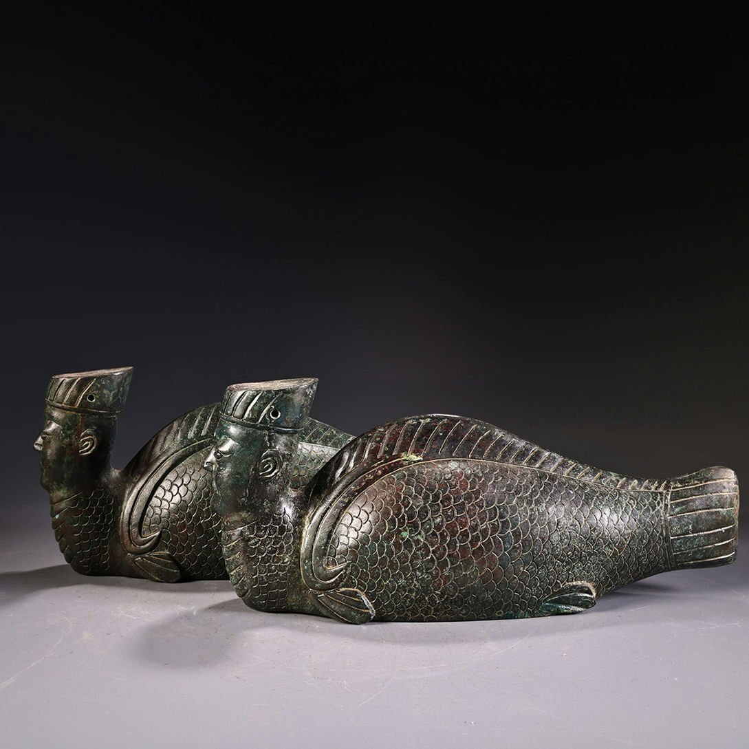 ◆羽彰・古美術◆Y0740漢時代 青銅器 青銅人面魚一対 細密細工★古置物★古賞物★古擺件★蒐集家放出★唐物拍卖