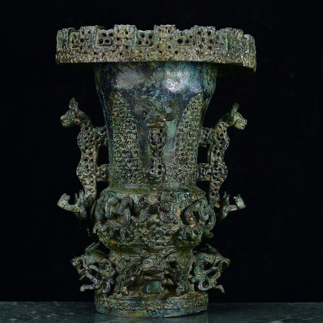 ▼渡鶴羽▼R2550西周時代 青銅器 青銅尊 細密細工★古置物★古賞物★古擺件★蒐集家放出★唐物 盤拍卖