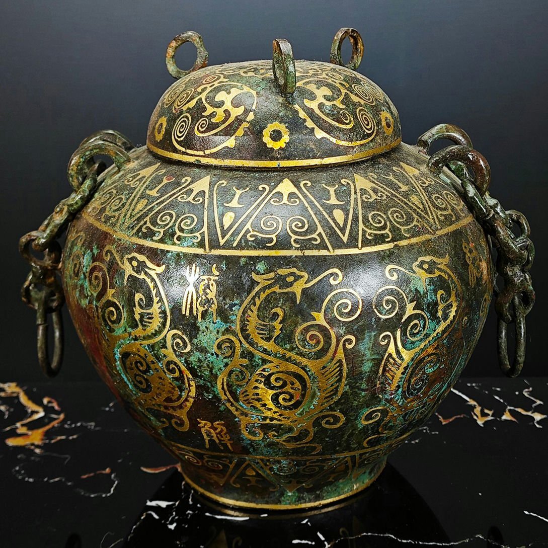 ▼渡鶴羽▼R2555西周時代 青銅器 青銅錯金鏈子罍 細密細工★古置物★古賞物★古擺件★蒐集家放出★唐物拍卖